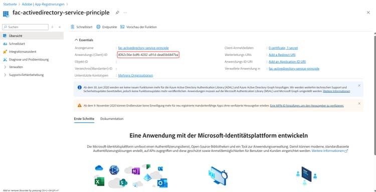 Die Anwendungs-(Client-)ID auf der Überblicksseite ist hervorgehoben.