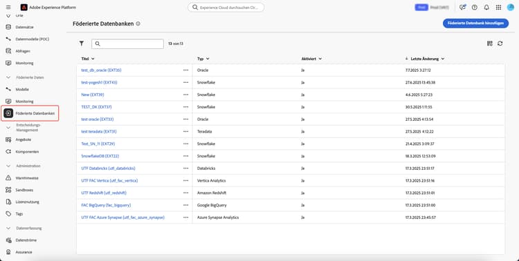 Die Schaltfläche „Föderierte Datenbanken“ ist im linken Navigationsbereich hervorgehoben.