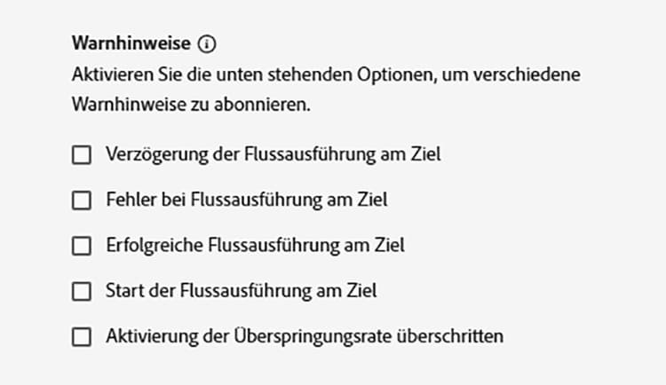 Die für das Ziel verfügbaren Warnhinweise werden angezeigt.