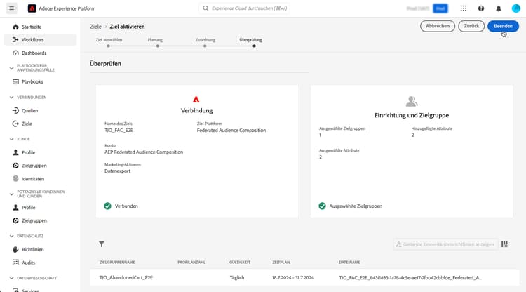 Die Seite für das Überprüfen von Zielen wird angezeigt.