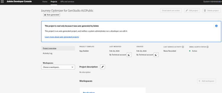 Schreibgeschütztes, automatisch generiertes Developer Console-Projekt nach der Bereitstellung