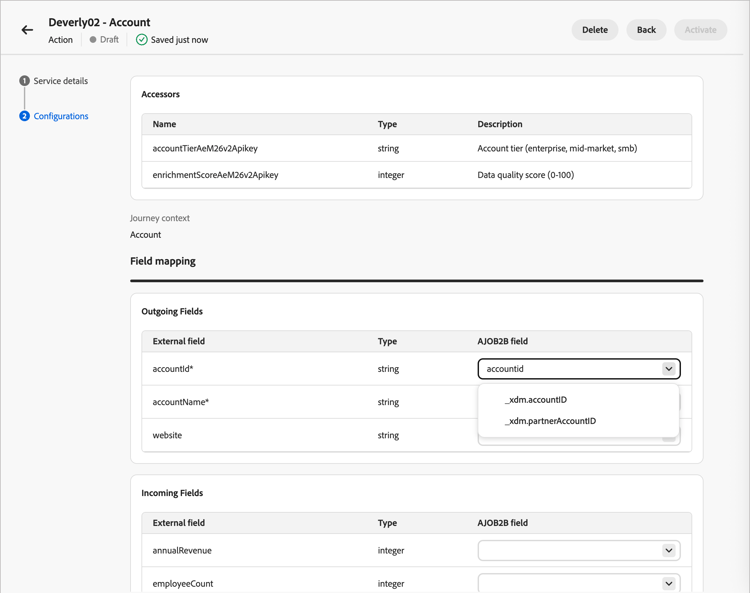 Ausgehende Felder für externe Aktionen zuordnen