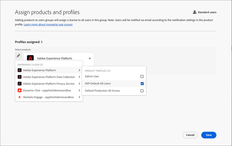 Admin Console - Benutzergruppe - Produkte hinzufügen