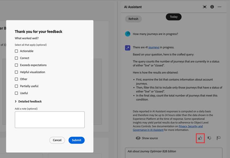KI-Assistentenantwort - Positives Feedback-Formular auflösen