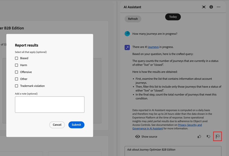 Antwort des KI-Assistenten - Feedback-Formular für Probleme kennzeichnen