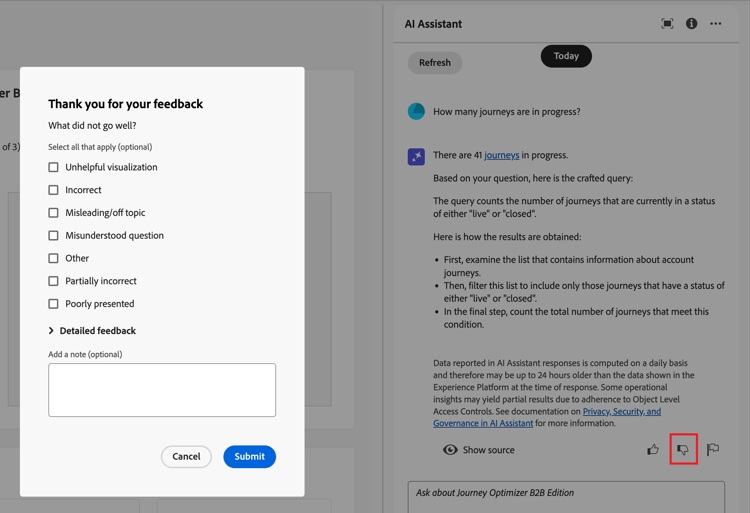 Antwort des KI-Assistenten - Negatives Feedback-Formular abblättern