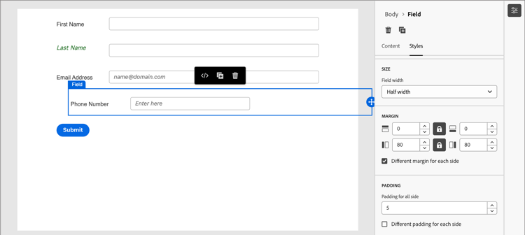 Legen Sie die Stile für Größe, Rand und Abstand für das Formularfeld fest
