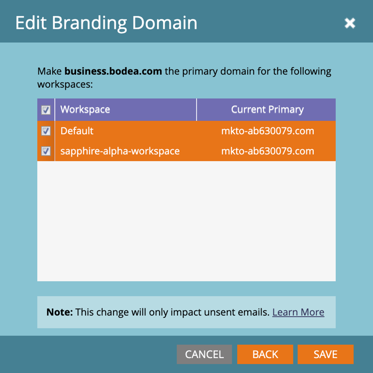 Dialogfeld „Branding-Domain bearbeiten“ mit Workspace-Auswahl für primäre Domain