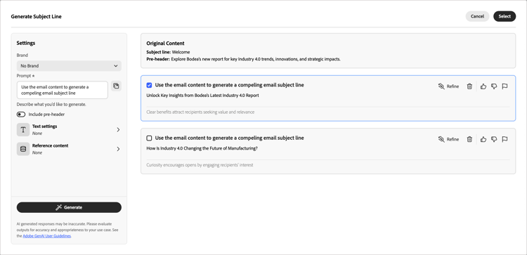 KI-Assistent - von der E-Mail-Betreffzeile generierte Varianten