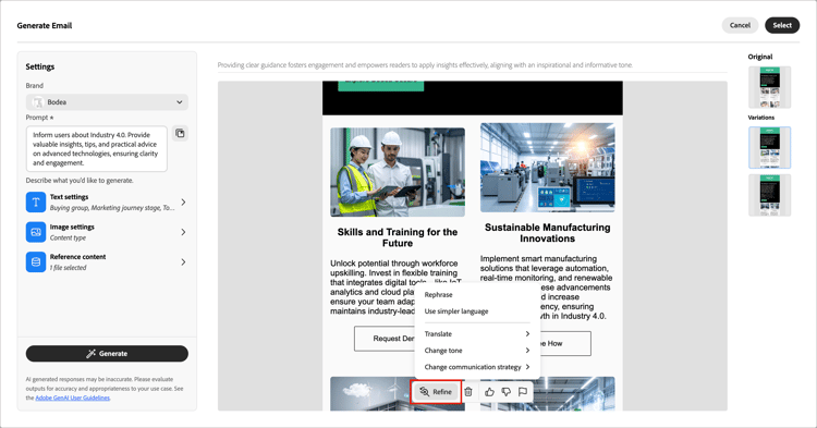 Vorschau der E-Mail-Varianten und Verfeinerungsoptionen im KI-Assistenten