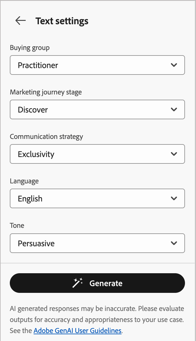 Bedienfeld Texteinstellungen mit Optionen für Kauf-Gruppen, Marketing-Journey, Kommunikationsstrategie, Sprache und Ton