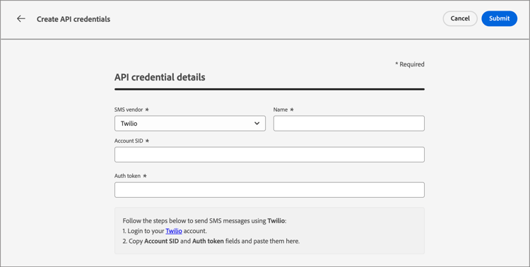 Konfigurieren der Twilio-SMS-API-Anmeldeinformationen