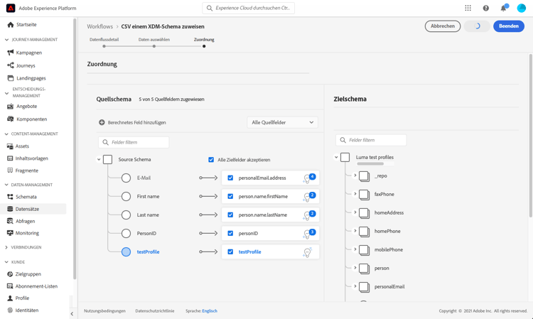 CSV-Feldzuordnungsschnittstelle mit Quell- und Zielfeldern