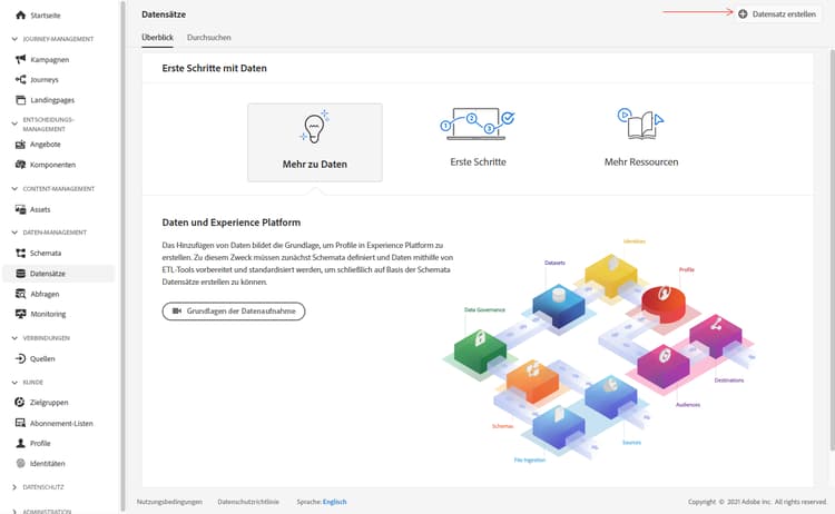 Menü „Datensätze“ mit der Schaltfläche „Datensatz erstellen“