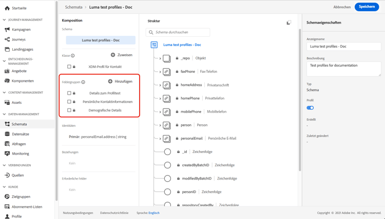 Schemaübersicht mit der Liste der Feldergruppen