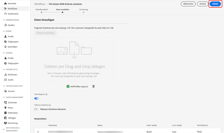 Bildschirm „Datei hochladen“ mit der Schaltfläche „Dateien auswählen“