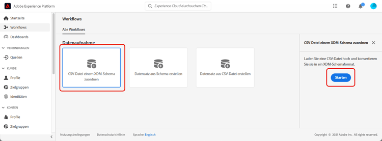 Workflow-Option „CSV zu XDM-Schema zuordnen“