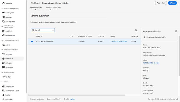Bildschirm zur Schemaauswahl bei der Datensatzerstellung