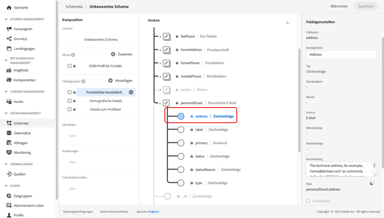 Liste der Schemafelder zur Auswahl der primären Identität