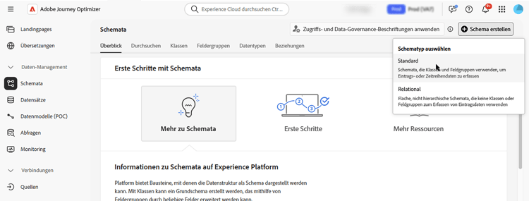 Menü „Schemata“ mit der Schaltfläche „Schema erstellen“