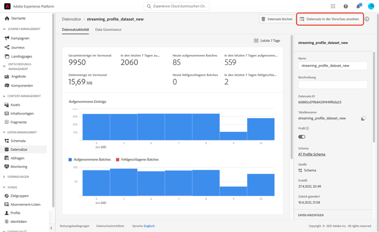 Importstatus mit der Schaltfläche „Datensatz in der Vorschau anzeigen“