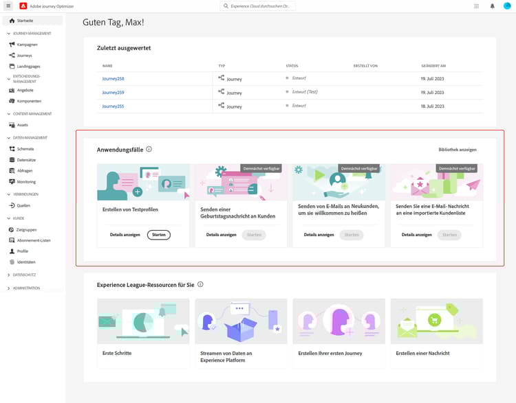 Anwendungsfallkarte „Testprofile“ auf der Startseite