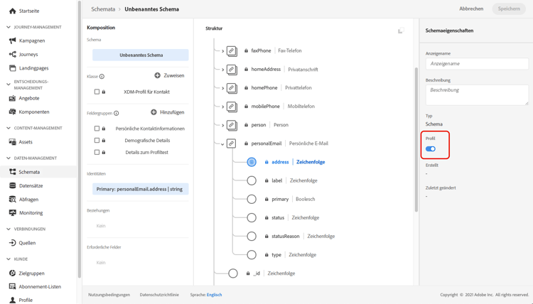 Bereich „Schemaeigenschaften“ mit aktivierter Profiloption
