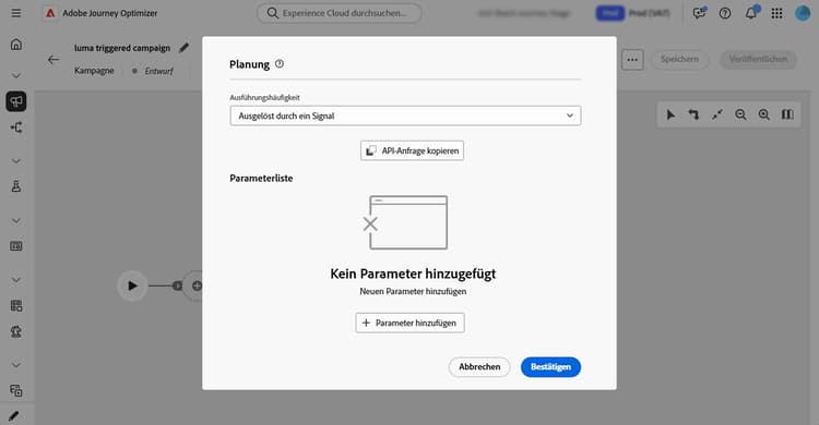 Menü „Zeitplan“ mit der Option „Ausgelöst durch ein Signal“