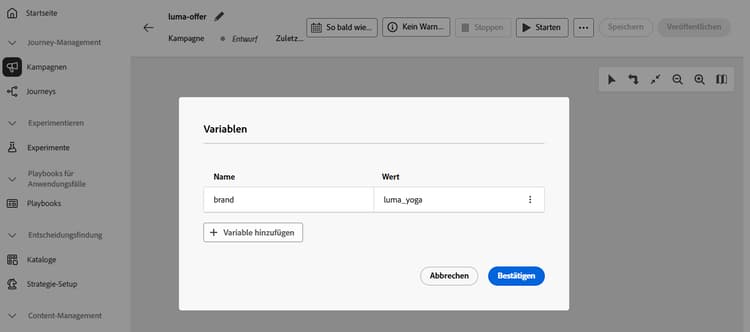 Panel „Variablen“ zum Hinzufügen oder Bearbeiten von Variablen