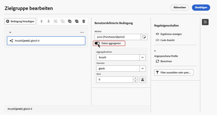 Screenshot der Option „Daten aggregieren“