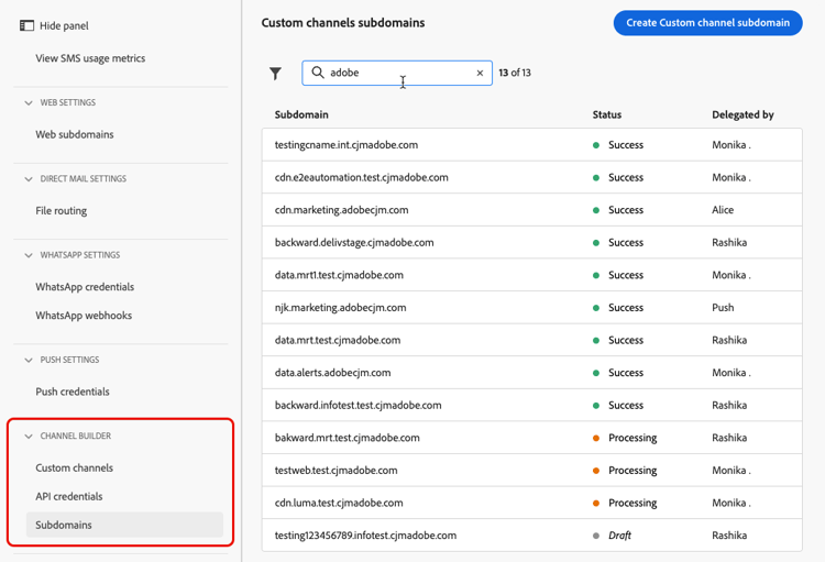 Benutzerdefiniertes Inventar von Kanal-Subdomains
