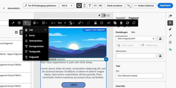 Rich-Text-Formatierungsoptionen in der E-Mail-Designer-Symbolleiste