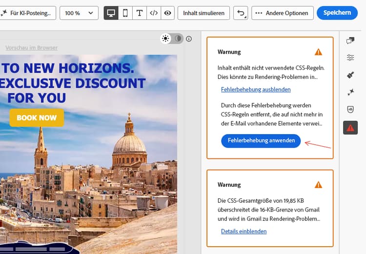 Inhaltsüberprüfungsfenster in E-Mail-Designer mit der Schaltfläche „Fehlerbehebung anwenden“