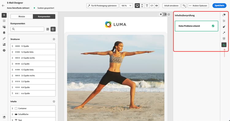 Inhaltsüberprüfungsbereich in der E-Mail-Designer ohne Probleme