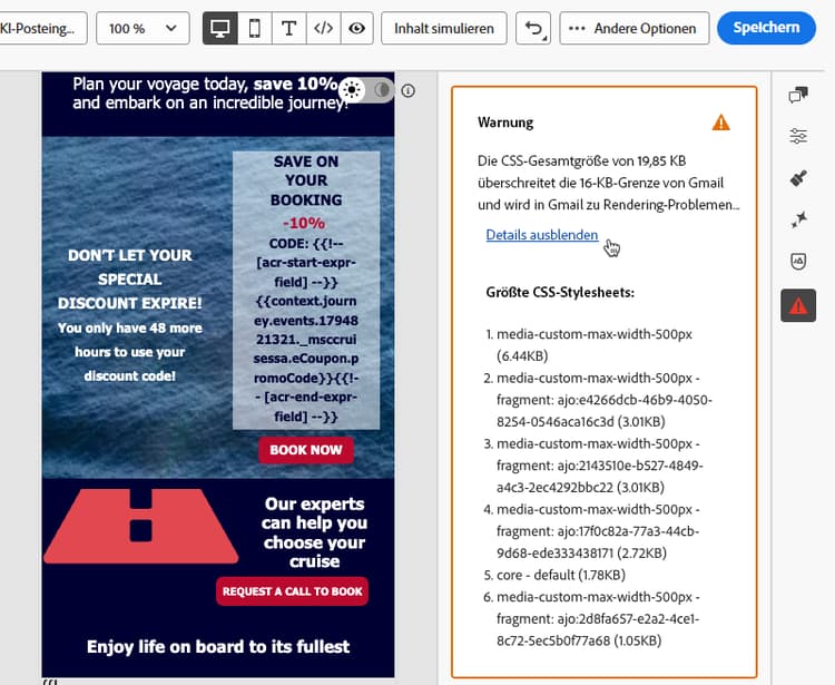 Inhaltsüberprüfungsbereich in der E-Mail-Designer mit Details