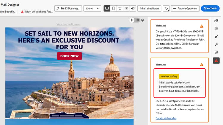 Bereich für die Inhaltsprüfung in der E-Mail-Designer mit der Checklabel „Veraltet“