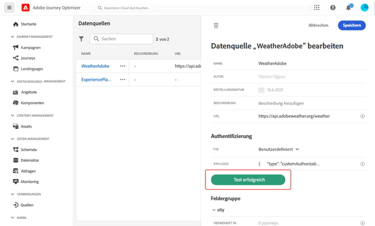 Die Schaltfläche für den Authentifizierungstest wurde grün angezeigt, was auf eine erfolgreiche Validierung hinweist