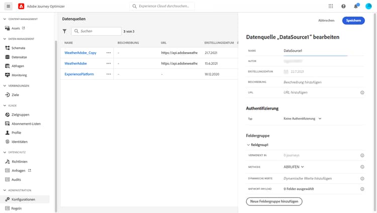 Der Konfigurationsbereich für die Datenquelle wird auf der rechten Bildschirmseite geöffnet