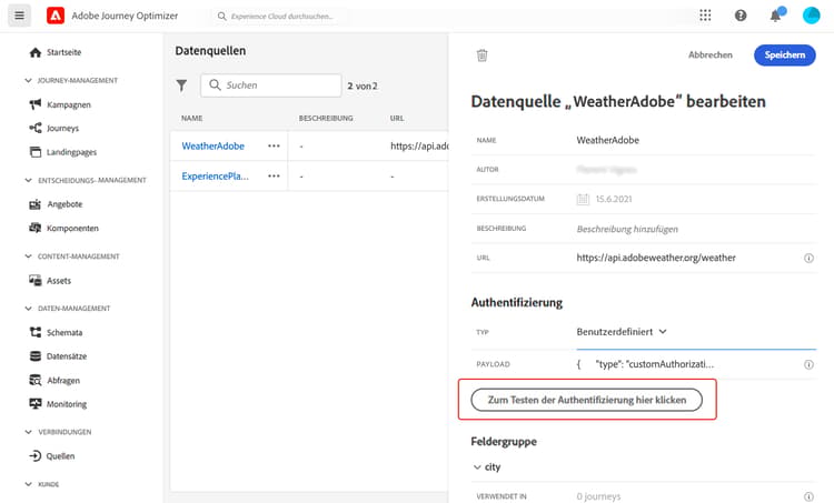 Schaltfläche für benutzerdefinierten Authentifizierungstest in der Datenquellenkonfiguration