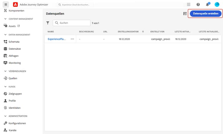 Listenbildschirm für Datenquellen mit hervorgehobener Schaltfläche "Source erstellen“
