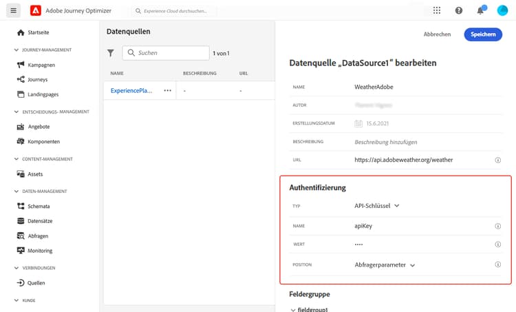API-Schlüsselauthentifizierungsfelder mit Eingaben für Typ, Name, Wert und Speicherort