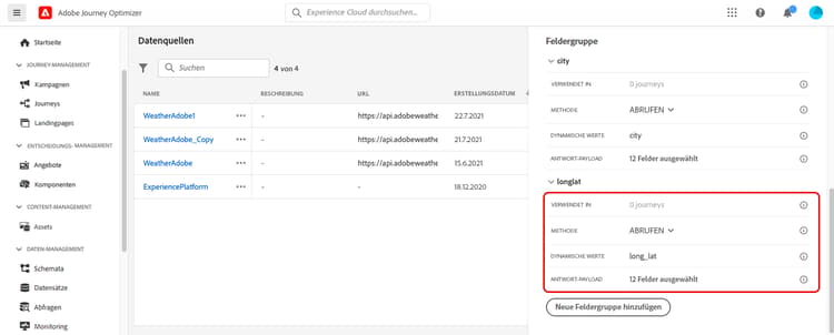 Bedienfeld für die Konfiguration von Feldergruppen mit dynamischen Werten und Payload-Feldern für Antworten