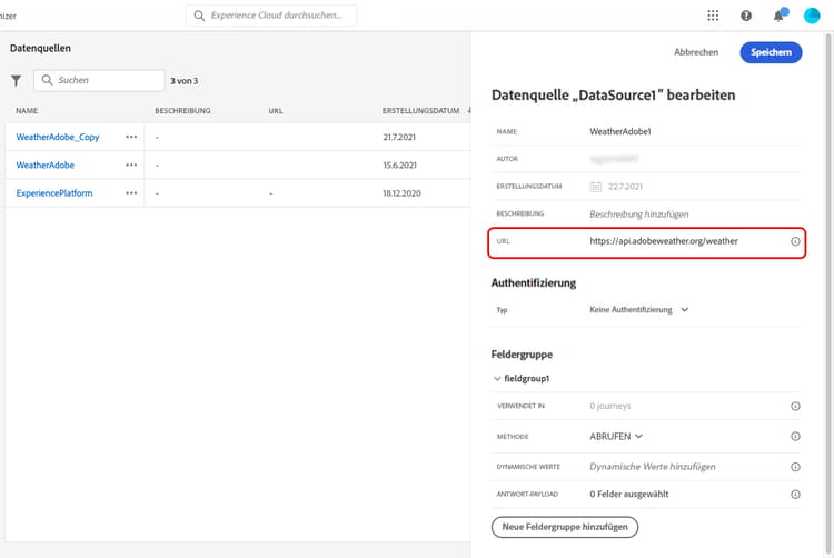 URL-Feld der externen Datenquelle mit eingegebenem Beispiel-Wetter-API-Endpunkt