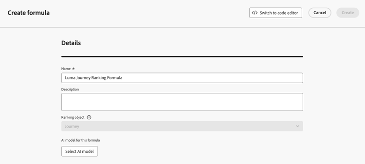 Bereich mit Formeldetails mit Feldern für Name und Beschreibung