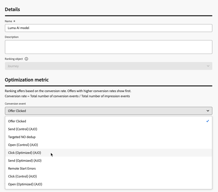 Dropdown-Liste Optimierungsmetrik mit Customer Journey Analytics-Metriken für das KI-Modell