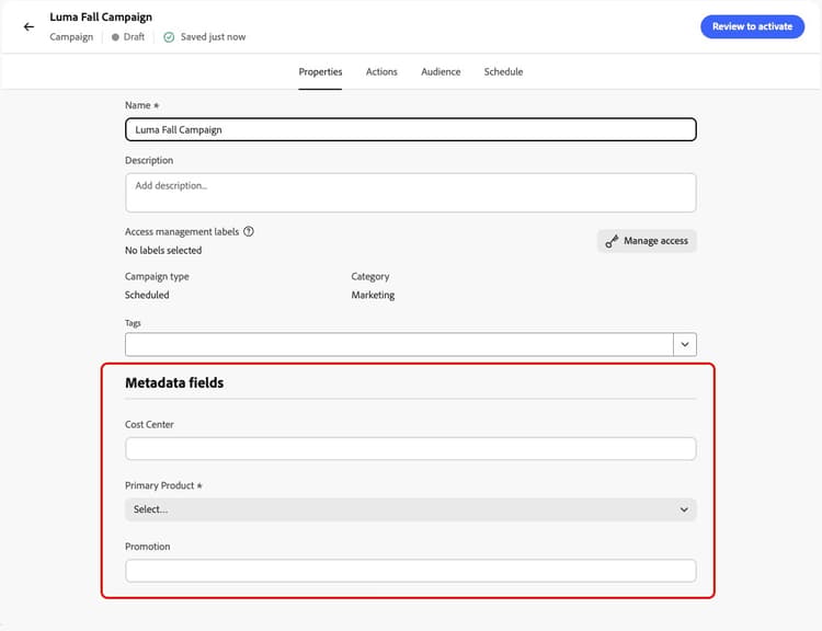 Abschnitt „Metadatenfelder“ in den Eigenschaften einer Aktionskampagne
