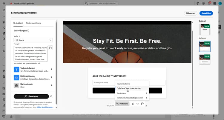 Menü für Landingpage verfeinern mit Umformulierung, Verwenden Sie eine einfachere Sprache mit Ton- und Kommunikationsstrategie-Dropdown-Listen