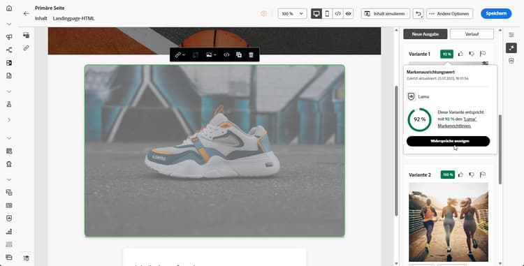 Auf der Landingpage generierte Bildvarianten mit den Steuerelementen „Markenausrichtung - Score in Prozent“ und „Vorschau“