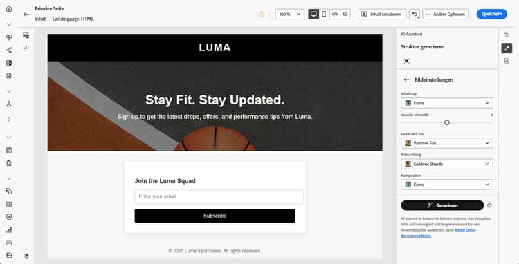 Bedienfeld Bildeinstellungen für Landingpage mit Inhaltstyp, visueller Intensität, Farbe und Ton, Beleuchtung und Komposition