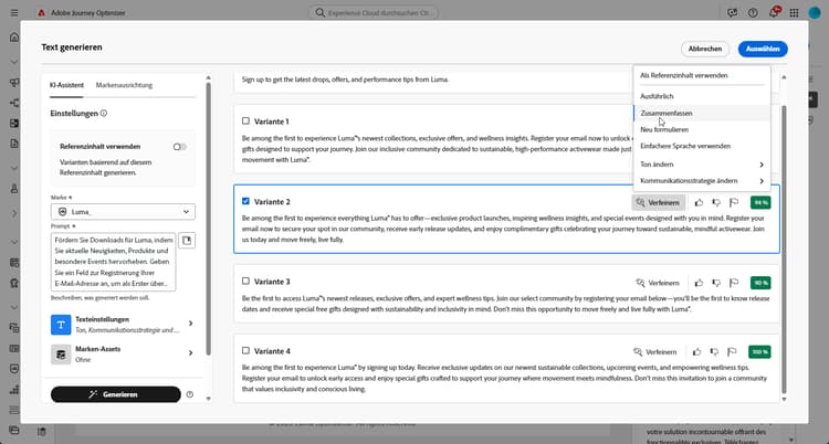 Verfeinern des Menüs für Landingpage-Text mit Aufbereitung, Zusammenfassung, Umformulierung, Verwendung einer einfacheren Sprache mit Ton-Dropdown-Liste